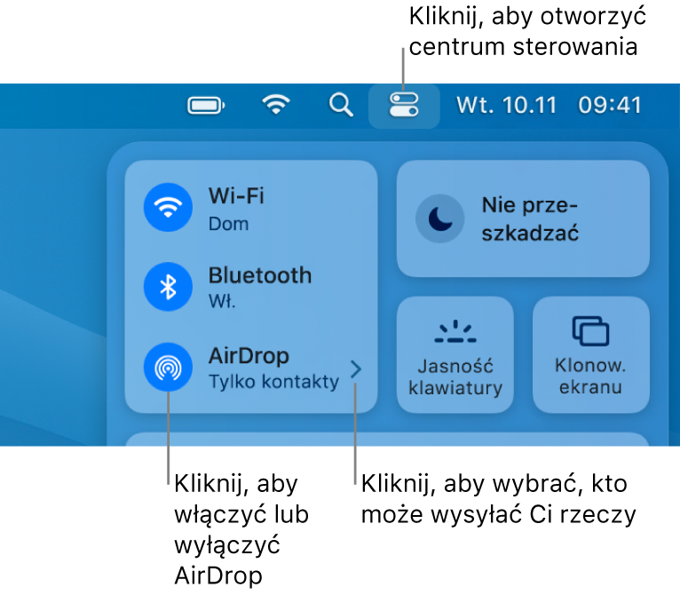 Okno centrum sterowania zawierające narzędzia do włączania i wyłączania funkcji AirDrop, a także do wybierania, kto może wysyłać Ci rzeczy.