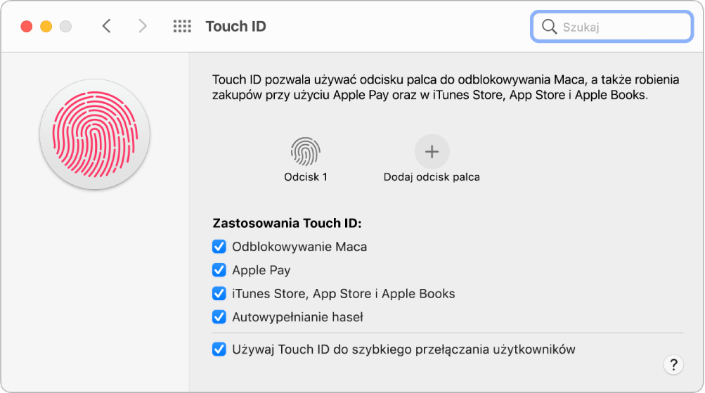 Panel preferencji Touch ID z informacją, że odcisk palca jest gotowy i może być używany do odblokowywania Maca.