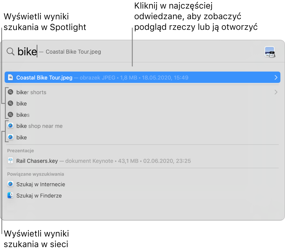 Okno Spotlight pokazujące szukany tekst w polu wyszukiwania na górze okna. Poniżej widoczne są wyniki wyszukiwania.
