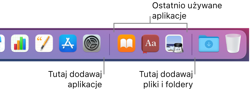 Fragment Docka, zawierający linie oddzielające aplikacje, ostatnio używane aplikacje oraz pliki i foldery.