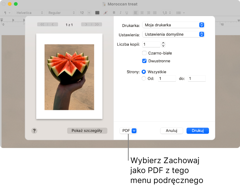 Kliknij w menu podręczne PDF, a następnie wybierz Zachowaj jako PDF.