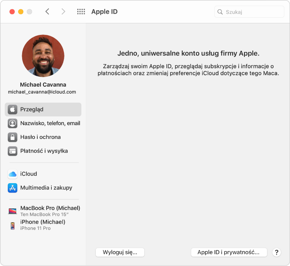 Preferencje Apple ID, na pasku bocznym widoczne są różne rodzaje opcji dotyczących istniejącego konta, wyświetlany jest panel Przegląd.