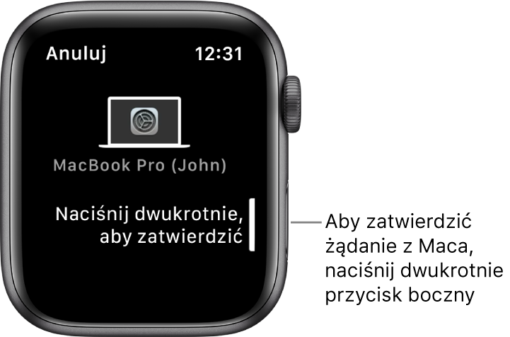 Apple Watch wyświetla żądanie zatwierdzenia z MacBooka Pro.