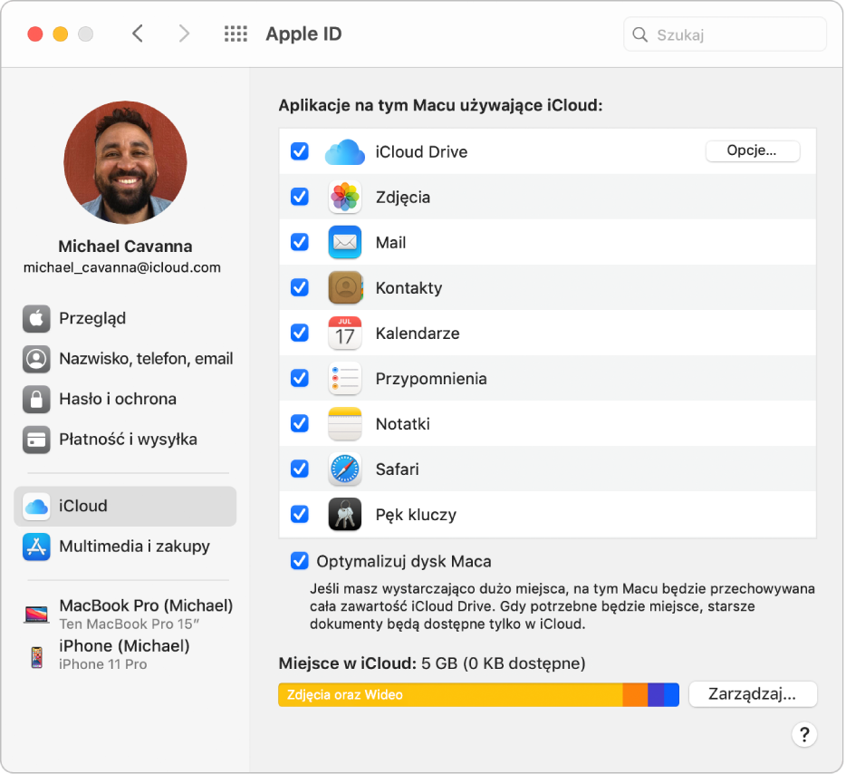 Preferencje Apple ID, na pasku bocznym widoczne są różne rodzaje opcji dotyczących istniejącego konta, wyświetlany jest panel iCloud.