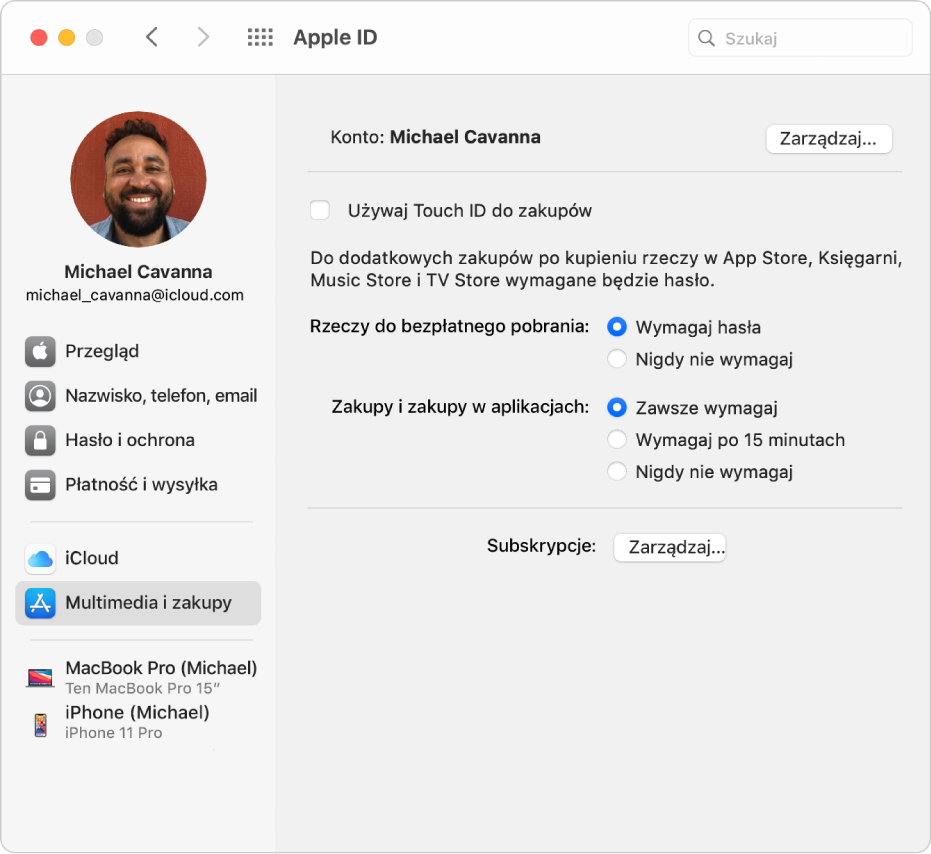 Preferencje Apple ID, na pasku bocznym widoczne są różne rodzaje opcji dotyczących istniejącego konta, wyświetlany jest panel Multimedia i zakupy.