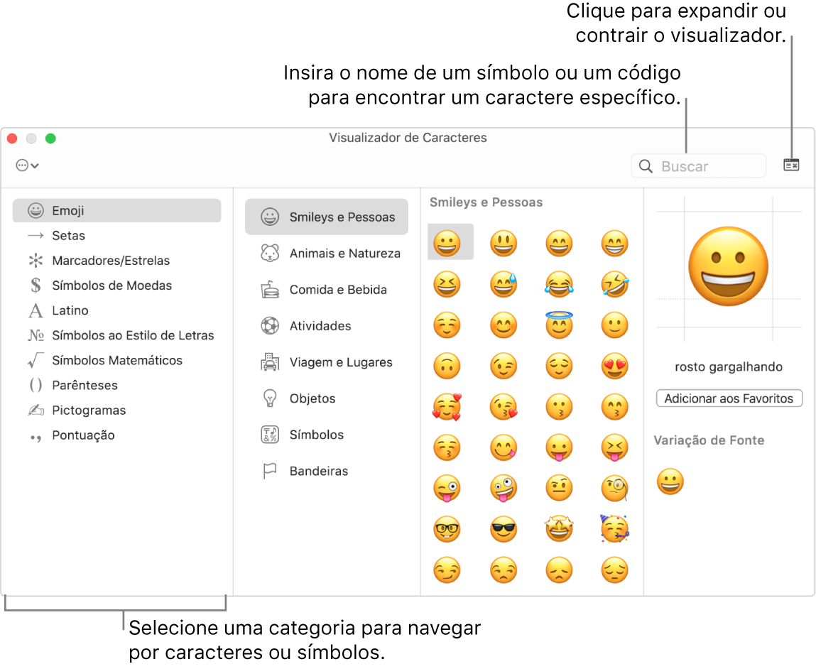 A janela Visualizador de Caracteres. Selecione uma categoria à esquerda para navegar por caracteres ou símbolos. No campo de busca, insira o nome ou o código de um símbolo para encontrar um caractere específico. No canto superior direito, clique para expandir ou contrair o visualizador.