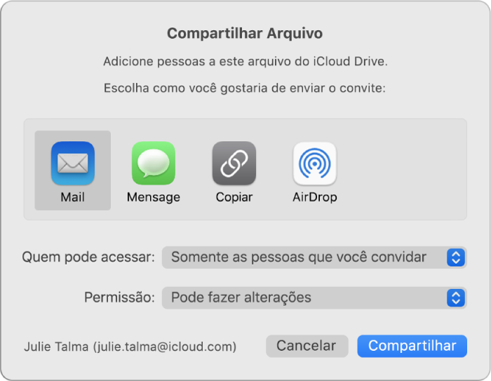 Janela Compartilhar Arquivo mostrando apps que você pode usar para fazer convites e as opções para compartilhar documentos.