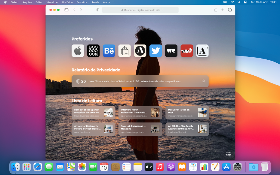 A página inicial do Safari mostrando sites preferidos, um resumo do Relatório de Privacidade e a Lista de Leitura.