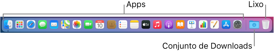 Dock mostrando ícones de aplicativos, o conjunto Transferências e o Lixo.