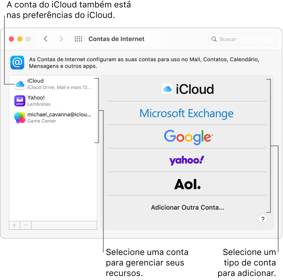 Preferência “Contas de Internet” com contas listadas à direita e tipos de conta disponíveis listados à esquerda.