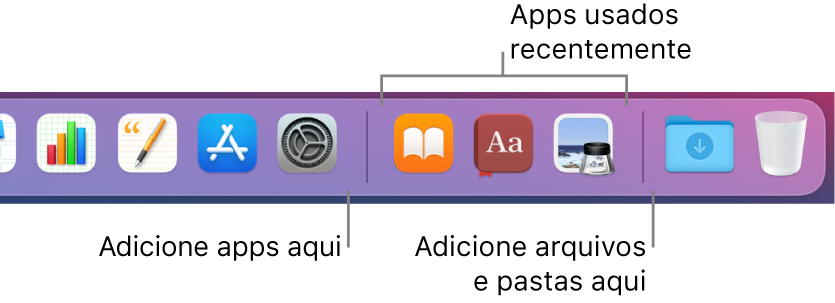 A extremidade direita do Dock mostrando a linha de separação à direita da seção de apps usados recentemente.