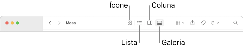 Parte superior de uma janela do Finder mostrando os botões de opções de visualização para uma pasta.