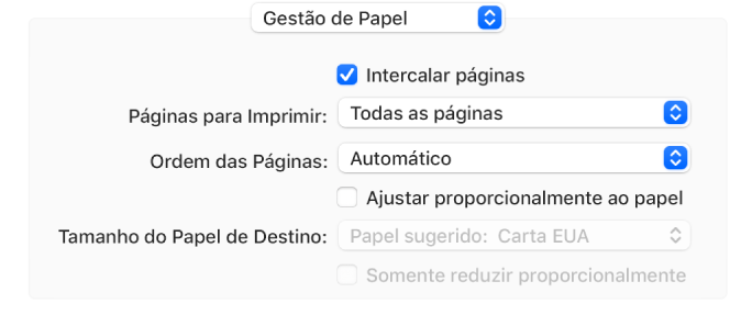 Opção “Gestão de Papel” escolhida no menu local de opções de impressão, com o menu local “Ordem das Páginas” para alterar a ordem das páginas.