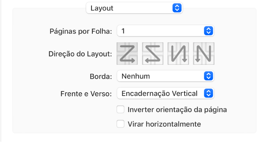 Opção Layout escolhida no menu local de opções de impressão, com a caixa de seleção “Inverter orientação da página”.