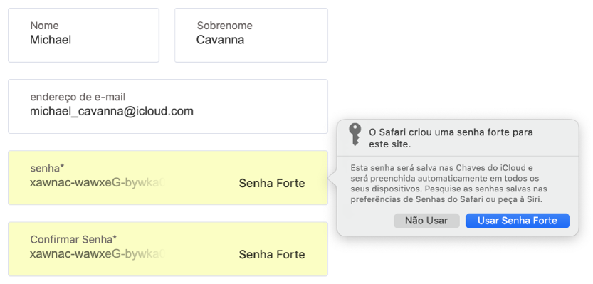 Um diálogo mostrando que o Safari criou uma senha forte para um site e que ela será salva nas Chaves do iCloud e ficará disponível para Preenchimento Automático nos dispositivos do usuário.