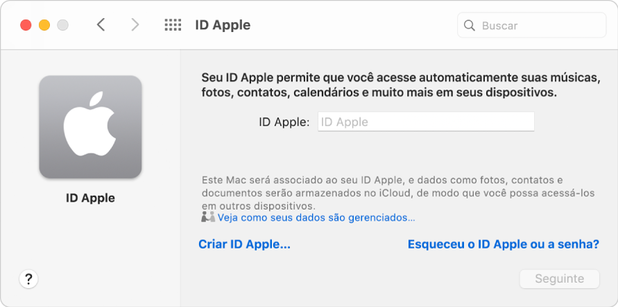 Diálogo de início de sessão do ID Apple, aguardando que um ID Apple e uma senha sejam digitados.