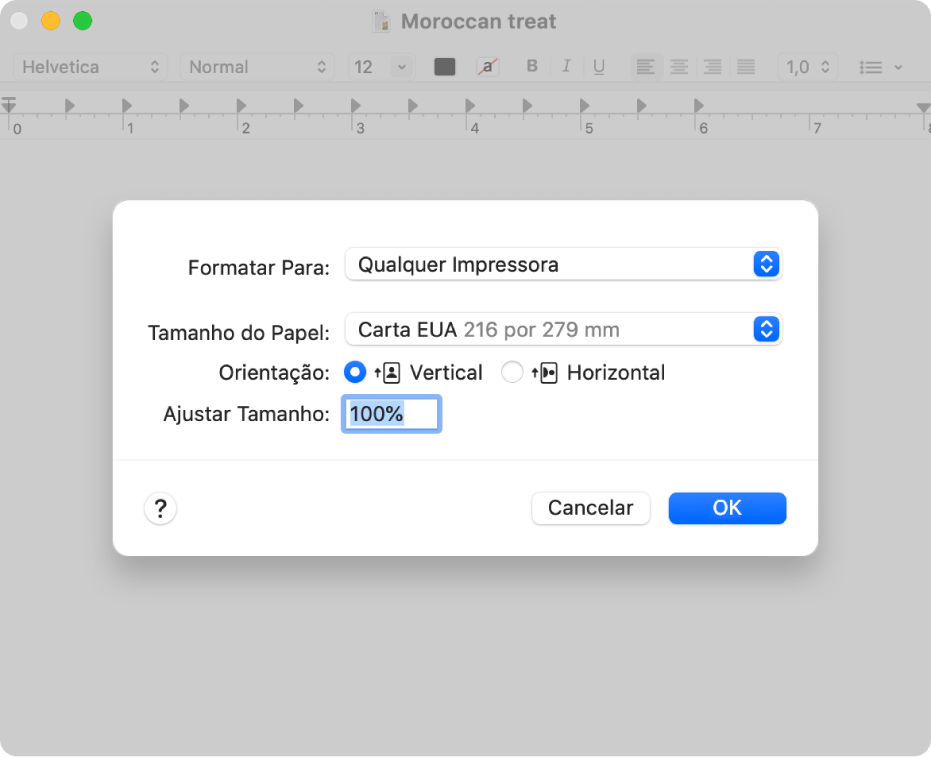 Opções de impressão padrão, mostrando o menu local de opções de impressão e a opção Ajustar Tamanho, com uma caixa de porcentagem para especificar o tamanho desejado da impressão.