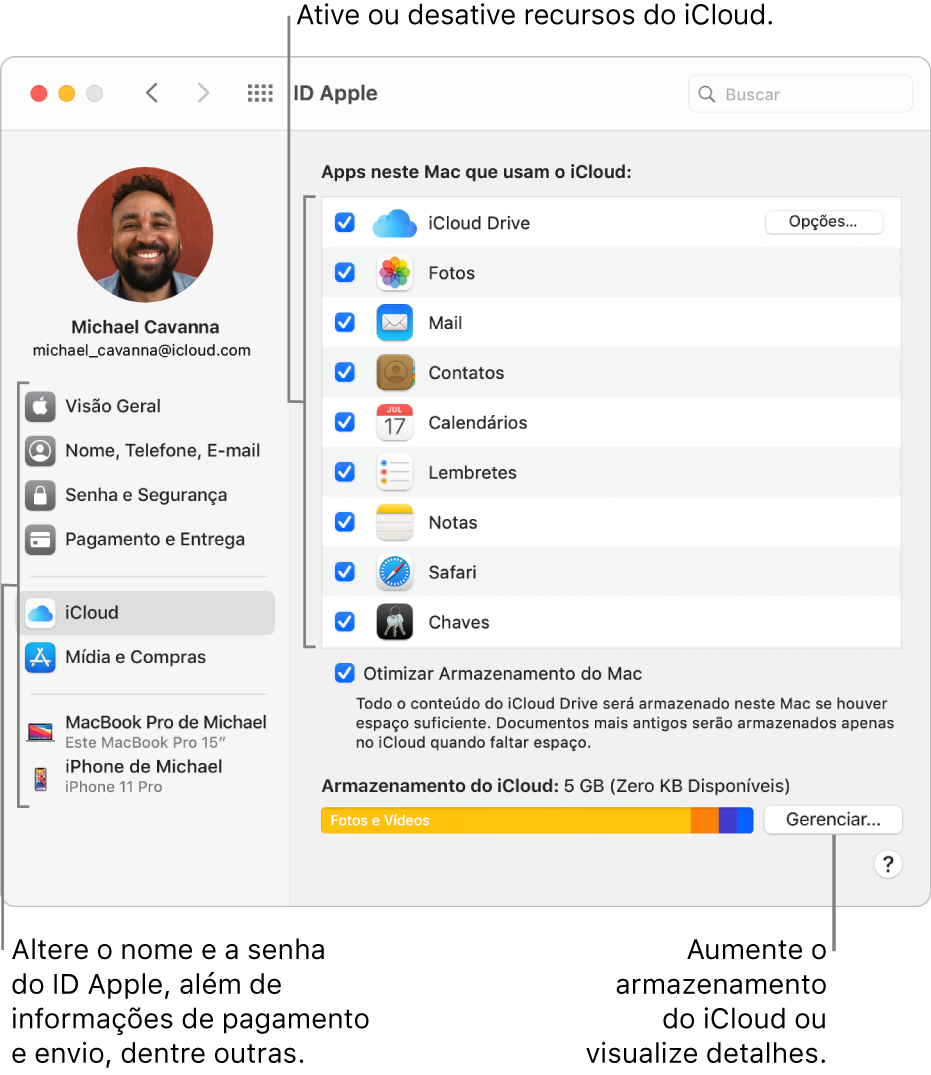 Preferências do iCloud com todos os recursos selecionados.