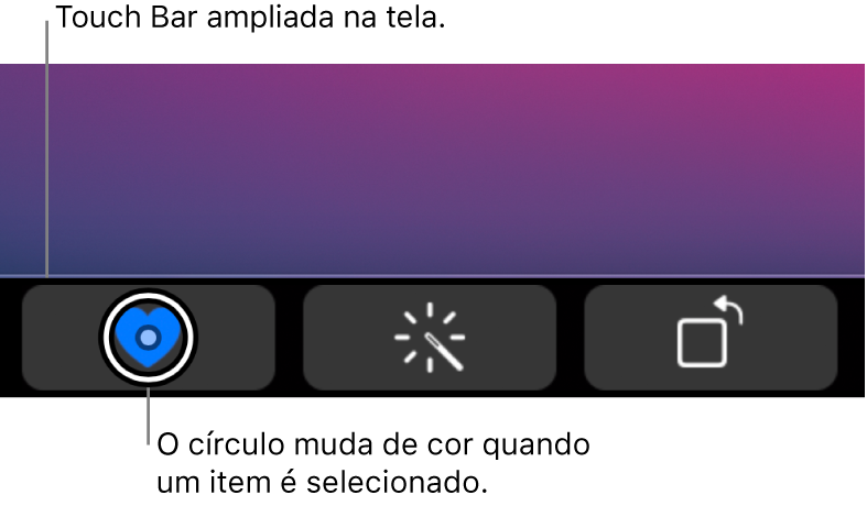 Touch Bar ampliada na parte inferior da tela; o círculo sobre um botão muda quando o botão é selecionado.
