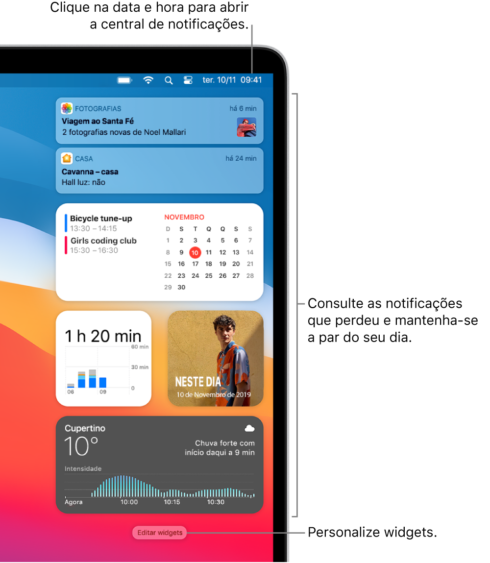 Notificações e widgets na central de notificações.