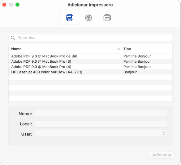 A caixa de diálogo “Adicionar impressora” a mostrar as opções predefinidas para selecionar uma impressora e adicionar um nome, localização e o menu pop-up Usar para selecionar o tipo de impressora.