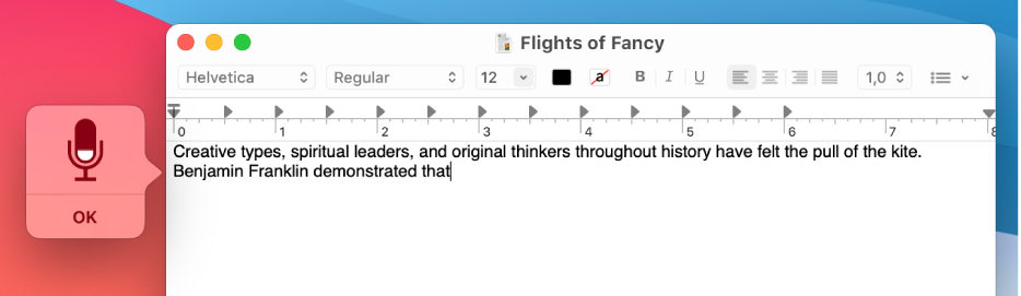 Uma janela de feedback em conjunto com o texto ditado num documento do Editor de Texto.