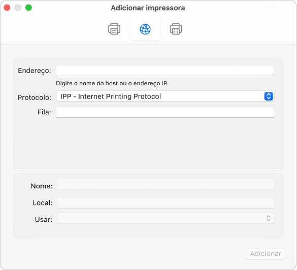 A caixa de diálogo “Adicionar impressora” a mostrar as opções de IP para configurar uma impressora com o protocolo IP.