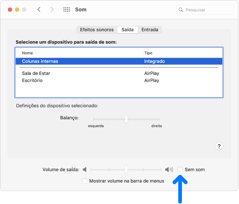 A opção assinalável “Sem som” na parte inferior do painel de preferências Som.