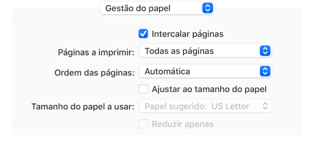 A opção “Gestão do papel” selecionada no menu pop-up de opções de impressão e o menu pop-up “Ordem das páginas” aparece para alterar a ordem das páginas.
