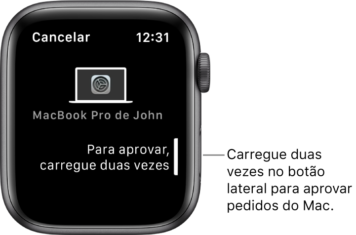 O Apple Watch a mostrar um pedido de aprovação de um MacBook Pro.