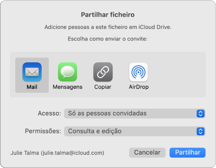 A janela “Partilhar ficheiro” a mostrar aplicações que pode usar para enviar convites e as opções para partilhar documentos.