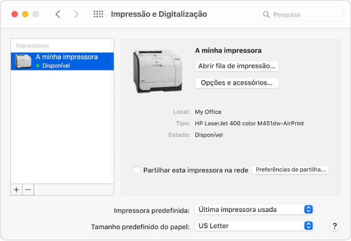 A caixa de diálogo “Impressão e Digitalização” mostra opções para configurar uma impressora e uma lista de impressoras com os botões Mais e Menos para adicionar e remover impressoras na parte inferior.