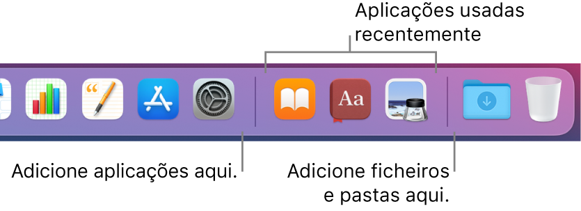 Uma parte da Dock a mostrar as linhas de separação entre aplicações, aplicações usadas recentemente, e ficheiros e pastas.