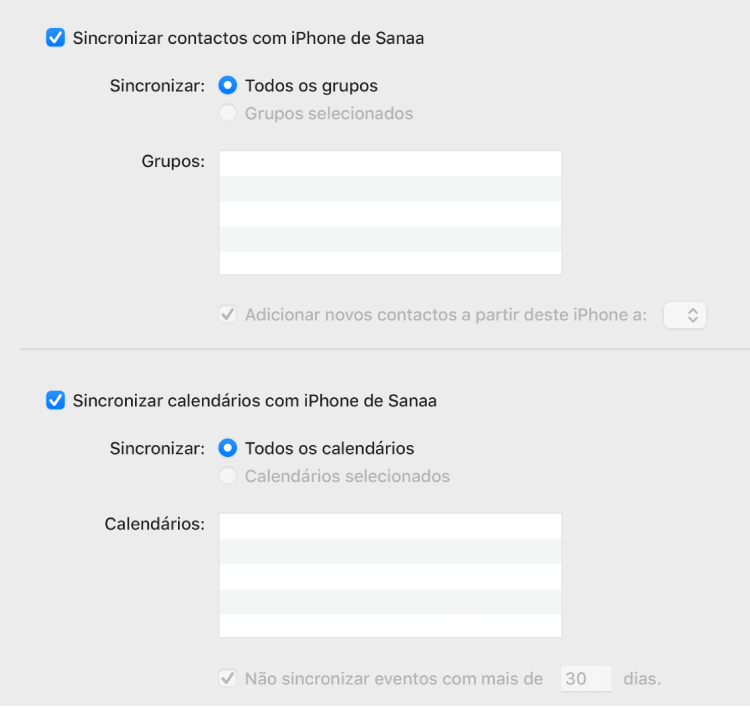 A opção de sincronização Informação a mostrar as opções “Sincronizar o contacto no dispositivo” e “Sincronizar os calendários para o dispositivo” e as opções para selecionar grupos de contactos e uma seleção de calendários.