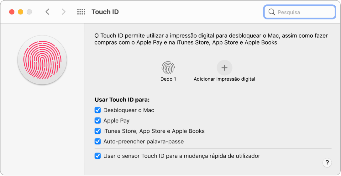 O painel de preferências Touch ID a mostrar que uma impressão digital está pronta e pode ser usada para desbloquear o Mac.