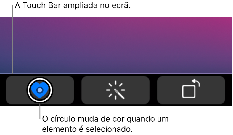 A Touch Bar ampliada na parte inferior do ecrã; o círculo sobre um botão muda quando o botão é selecionado.