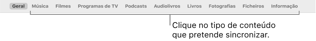 A barra de botões a mostrar o botão Geral e os botões para conteúdos como música, filmes, programas de TV, etc.