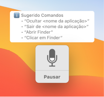 A janela de feedback do controlo por voz com comandos sugeridos, como “Abrir o Finder” ou “Clicar no Finder”, apresentados junto a ela.