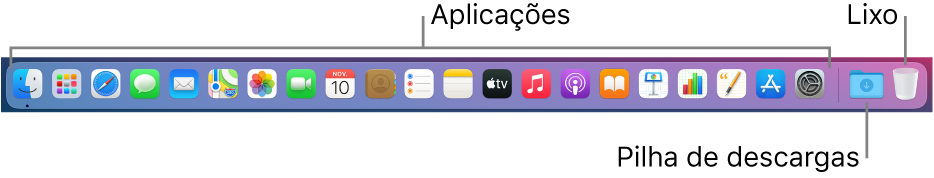 A Dock a mostrar ícones de aplicações, a pilha Descargas e o Lixo.