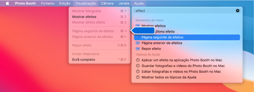 O menu Ajuda do Photo Booth com um resultado de pesquisa para um elemento de menu selecionado e uma seta a apontar para o elemento nos menus da aplicação.