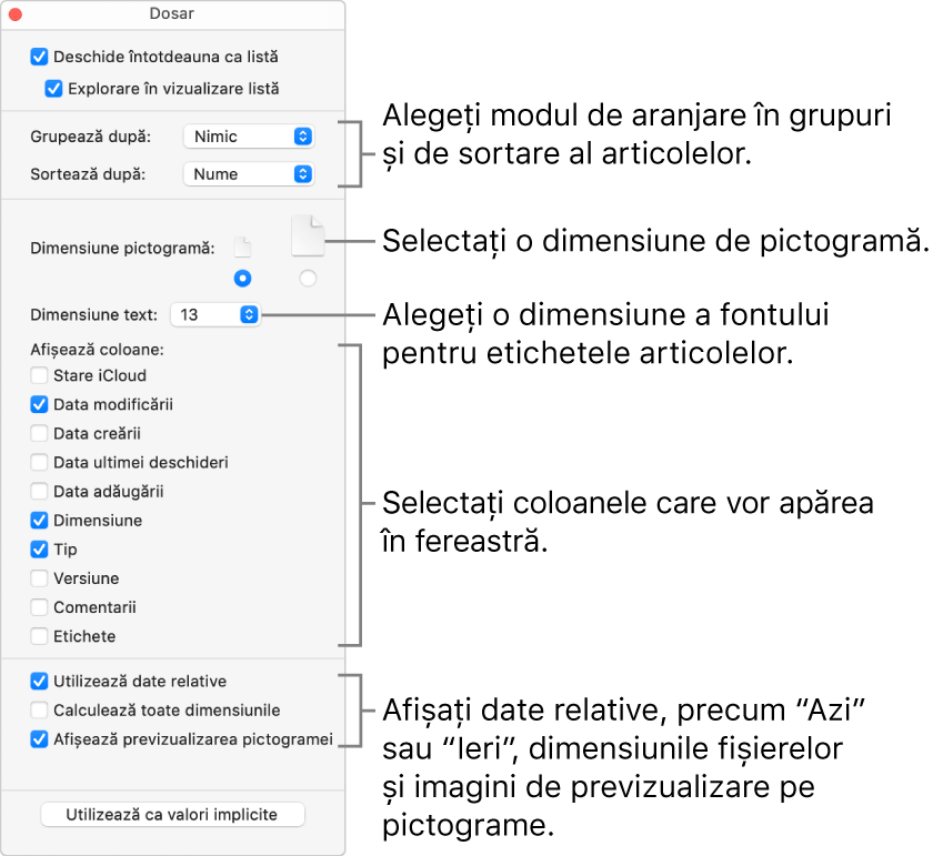 Opțiunile de vizualizare Listă pentru un dosar.