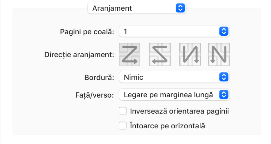 Opțiunea Aranjament selectată în meniul pop-up de opțiuni pentru tipărire, cu caseta de validare “Inversează orientarea paginii” selectată.