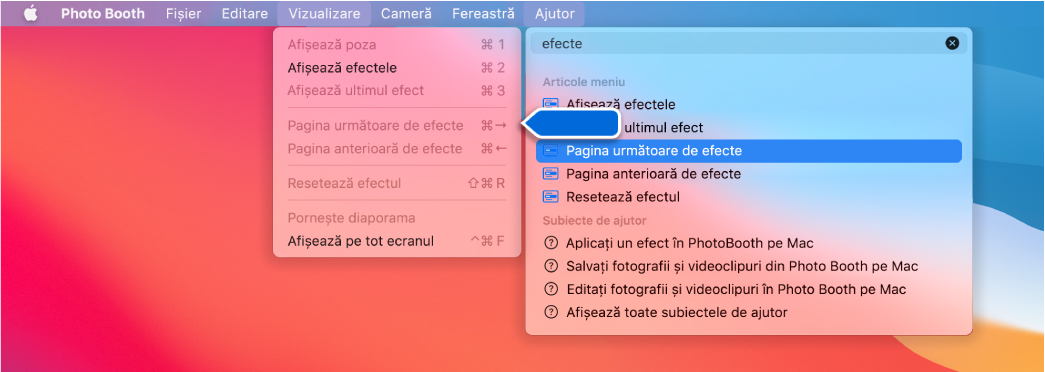 Meniul Ajutor Photo Booth cu un rezultat al căutării pentru un articol din meniu selectat și o săgeată indicând către articol în meniurile aplicației.