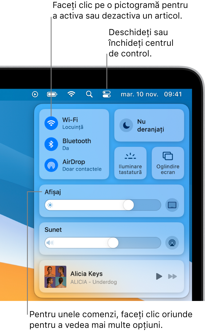 Centrul de control în partea din dreapta sus a ecranului, afișând comenzi pentru Wi-Fi, Nu deranjați, Sunet, În redare etc.