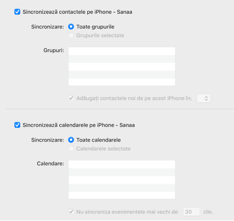Opțiunile de sincronizare a informațiilor afișând casetele de validare “Sincronizează contactul pe dispozitiv” și “Sincronizează calendarele pe dispozitiv” și opțiunile pentru selectarea grupurilor de contacte și o selecție de calendare.