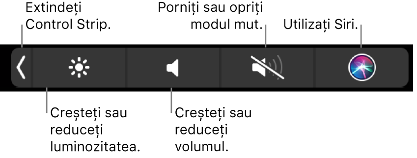 Control Strip restrâns include butoane – de la stânga la dreapta – pentru extinderea Control Strip, creșterea sau reducerea luminozității ecranului și a volumului, activarea sau dezactivarea modului mut și punerea de întrebări pentru Siri.