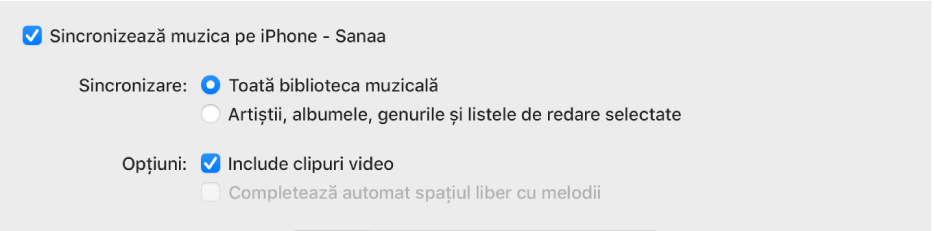 Caseta de validare “Sincronizează muzica pe dispozitiv” apare cu opțiuni suplimentare pentru sincronizarea întregii biblioteci sau doar a articolelor selectate și pentru includerea clipurilor video și a memourilor vocale în procesul de sincronizare.