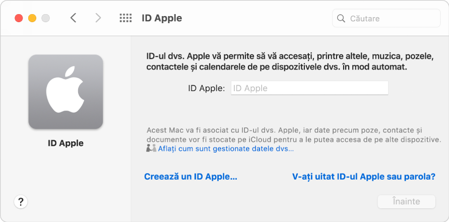 Casetă de dialog ID Apple pregătită pentru introducerea unui ID Apple. Un link Creează un ID Apple vă permite să creați un nou ID Apple.
