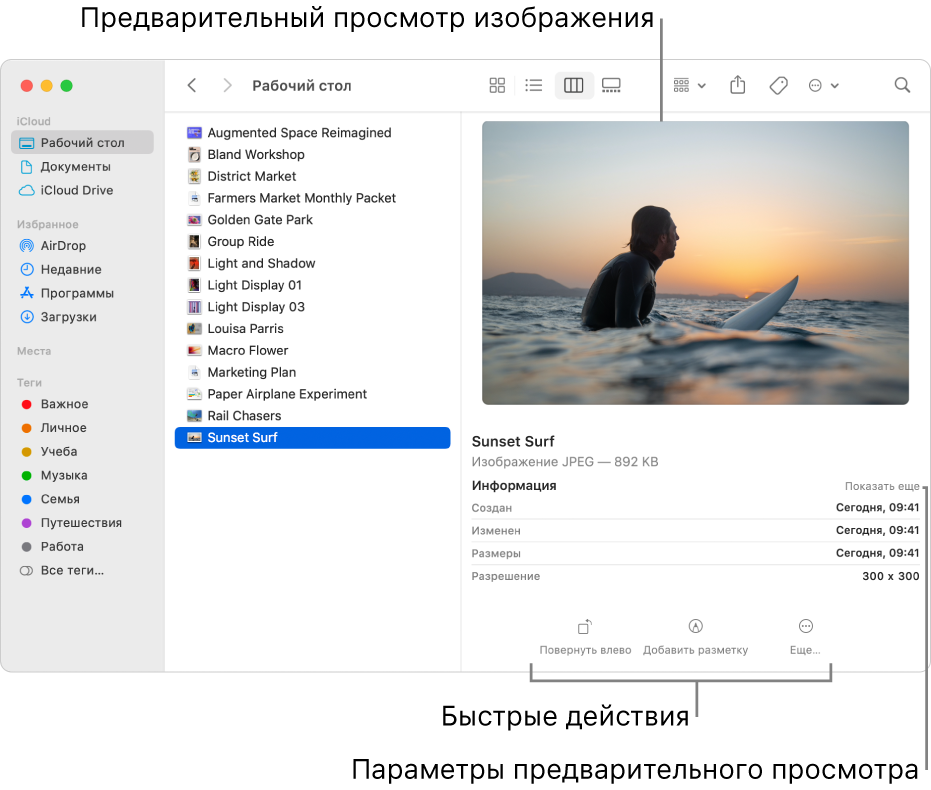 Окно Finder с боковым меню Finder слева и выбранным файлом изображения в середине окна. Справа находится панель предварительного просмотра: показано изображение, под ним — свойства изображения, а внизу — кнопки быстрых действий.