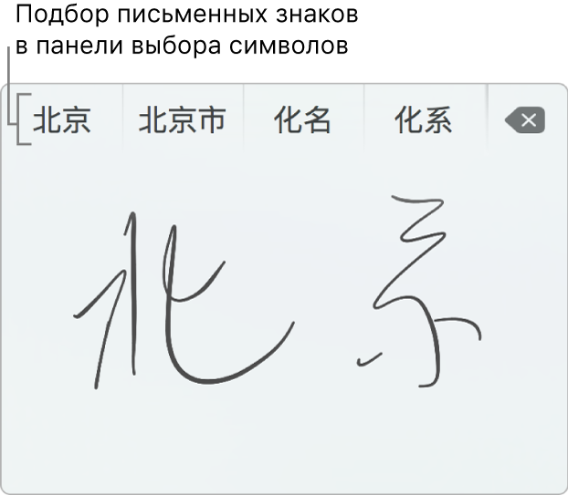 Окно «Рукописный ввод с трекпада». Показано введенное вручную слово «Пекин» упрощенными китайскими иероглифами. Когда Вы рисуете линии на трекпаде, в панели вариантов (вверху окна «Рукописный ввод с трекпада») отображаются предлагаемые символы. Коснитесь одного из вариантов, чтобы выбрать его.